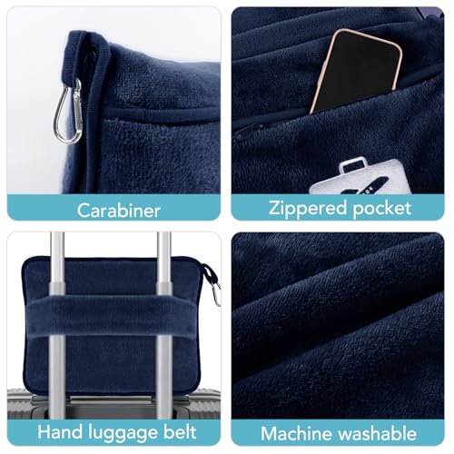 SINLAND Travel Pillow and Blanket 2-in-1 Set, Navy Blue, 60x50 Inch | Plane Packable , Soft Warm and Lightweight Flannel, Hand Luggage Sleeve and Backpack Clip, Plane Flight Car Trips - color: Navy Blue
