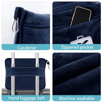 SINLAND Travel Pillow and Blanket 2-in-1 Set, Navy Blue, 60x50 Inch | Plane Packable , Soft Warm and Lightweight Flannel, Hand Luggage Sleeve and Backpack Clip, Plane Flight Car Trips - color: Navy Blue
