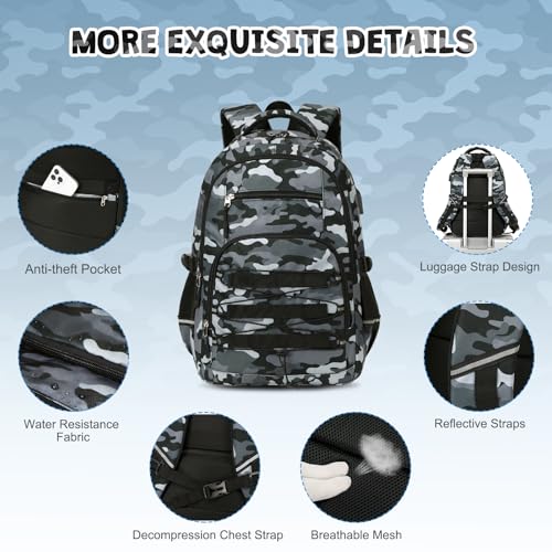 ACESAK 3PCS Camo Backpack for Boys with Lunch Box Pencil Case - color: Gray Black