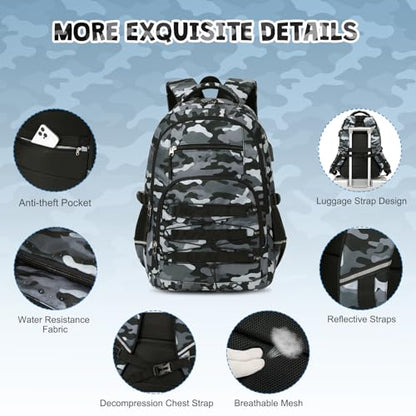 ACESAK 3PCS Camo Backpack for Boys with Lunch Box Pencil Case - color: Gray Black