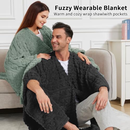 Wearable Blanket Poncho Cape Wrap for Adult, Cozy Sherpa Fleece Pocketed Shawl TV Throw Blankets for Office and Lounge,Black - color: Black