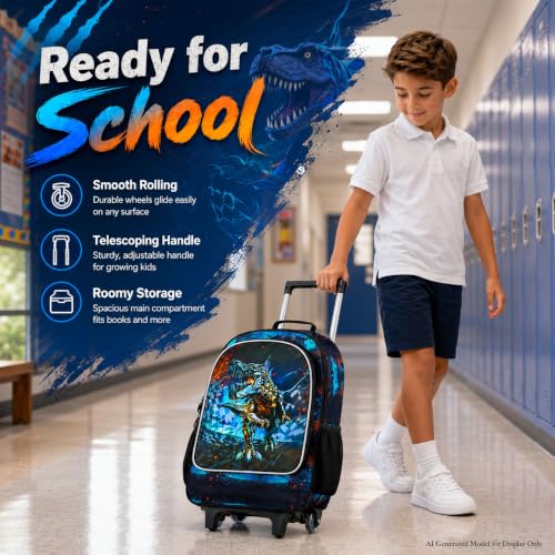 CCJPX Rolling Backpack for Boys, Kids Roller School Bag with Wheels Toddler Wheeled Bookbag Elementary - color: Black Dinosaur