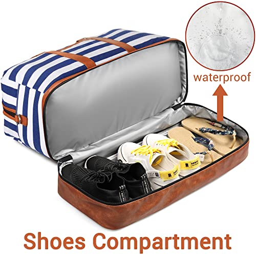 IBFUN Weekender Bags for Women, 3PCS Travel Set with Shoe Compartment 21.6 - color: A09-brown+blue & white stripes