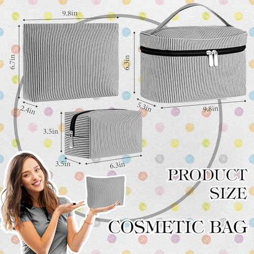 Huhumy 3Pieces Cute Seersucker Makeup Bag Set for Women, Black, Stripe - color: Black, style: Stripe
