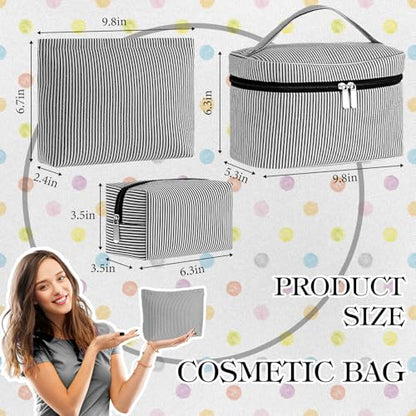 Huhumy 3Pieces Cute Seersucker Makeup Bag Set for Women, Black, Stripe - color: Black, style: Stripe