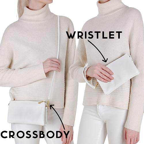 Vegan Leather Crossbody Wristlet Purse for Women - Small Convertible Clutch - color: White