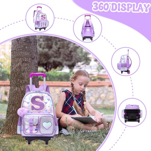 HTgroce Cute Rolling Backpack with Wheel,School Backpack for Kids Girl Roller Schoolbag Wheeled Backpacks Set Carry-on Luggage,Purple S - color: Purple, style: S