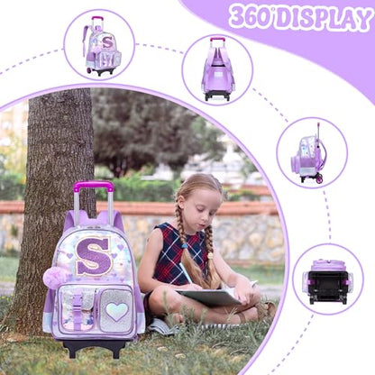 HTgroce Cute Rolling Backpack with Wheel,School Backpack for Kids Girl Roller Schoolbag Wheeled Backpacks Set Carry-on Luggage,Purple S - color: Purple, style: S