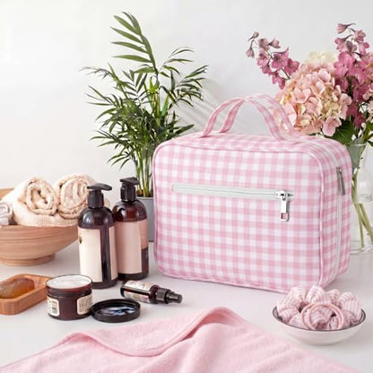 Klyyo Hanging Toiletry Bag for Women, Gingham, Pink - color: Pink
