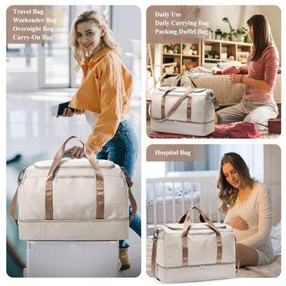 Travel Duffle Bag with Shoes Compartment,Carry-On Weekender Bags for Women - color: Beige & Brown, size: Large