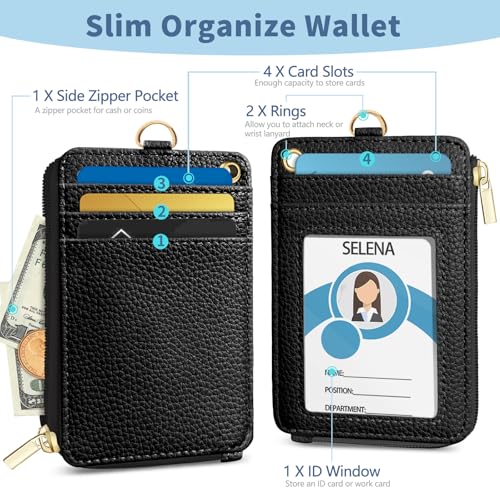 Black Lanyard Wallet with Id Badge Holder Keychain for Card Women - color: Solid-black