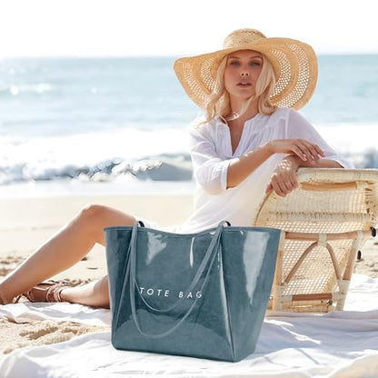 KALIDI PVC Tote Bag Women Large Kraft Paper Travel Beach Bag Jelly Purses - color: #2 Blue Set
