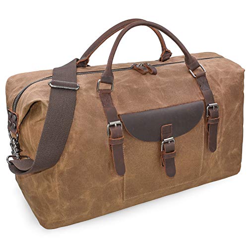 NEWHEY 55L 남성용 여행용 더플 백, 빈티지 방수 왁스 캔버스 위켄더 백, 가죽 포함, 대형 오버나이트 기내용 가방, 브라운., 클래식 - color: 브라운.