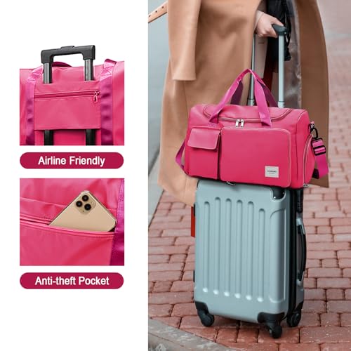 WOOMADA Foldable Travel Duffel Bag with Shoes Compartment, Overnight Bag with Wet Pocket & Trolley Sleeve, Weekender Bags for Women(A-rose red) - color: A-rose red