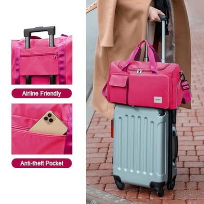 WOOMADA Foldable Travel Duffel Bag with Shoes Compartment, Overnight Bag with Wet Pocket & Trolley Sleeve, Weekender Bags for Women(A-rose red) - color: A-rose red