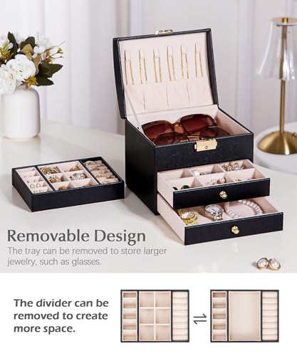 Homde Small Jewelry Box for Girls: 3-Layer Lockable Organizer(Black) - color: Graphite Black