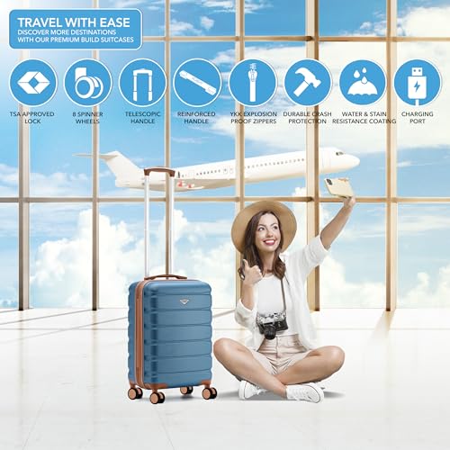 Flight Knight 21.5x15.5x9 Expandable Carry On Suitcase Hardside TSA Lock & USB C Port Lightweight Luggage Silent Double Spinner Wheels Maximum Canada Air Overhead Bag Airlines Approved Blue/Tan - color: Blue/Tan, size: 21.5x15.5x9"