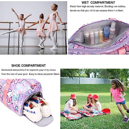 Dance Bag Girls Gymnastics Duffle with Shoe Compartment, Kids Travel Weekender Sleepover Carry On Bag (Butterfly Purple) - color: 09-Butterfly Purple