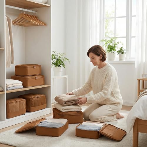 4 Piece Compression Packing Cubes for 3–7 Day Travel, Light Brown - color: Light Brown