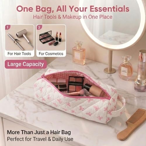 Quilted Hair Tools Travel Bag Compatible with Dyson Airwrap Shark FlexStyle - color: Pink Bow