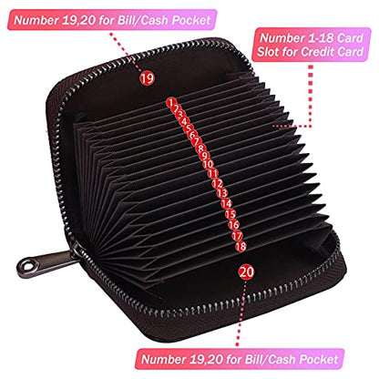 Linno RFID 20 Slots Credit Card Holder Genuine Leather Small Wallet for Women or Men with Zipper - color: Coffee