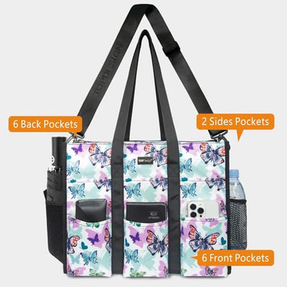 TOPDesign Utility Water Resistant Tote Bag with 22 Pockets, Zipper Closure - color: Butterfly, size: Medium