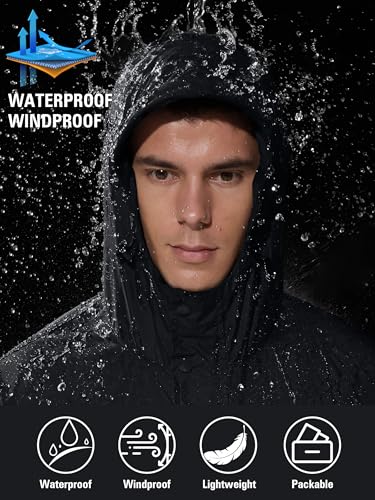 UIQUR Mens Lightweight Packable Waterproof Rain Jacket Windbreaker - color: Black, size: Medium