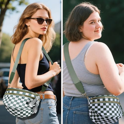 Checkered Crossbody Bags for Women, Large Nylon Bum Bags - color: Beans Green Checkered