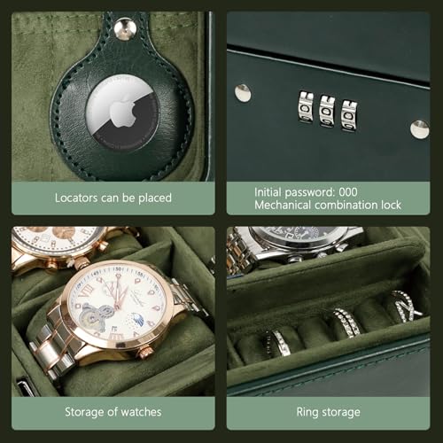 Watch Travel Case with Combination Lock - 4 Watch Storage and Jewelry - color: Green