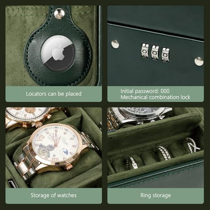 Watch Travel Case with Combination Lock - 4 Watch Storage and Jewelry - color: Green