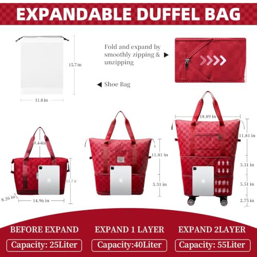 Rolling Duffle Bag with Wheels Expandable Foldable Travel Duffel Bag Checkerboard Carry on Luggage Bag Weekender Bag for Men Women - color: Red+Shoe Bag