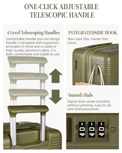 Timeet Carry On Luggage, 20 Inch Airline Approved Matte PC Hard Shell Suitcase with Front Open Compartment, TSA008 Lock, Built-in USB Charging, Lightweight Silent Spinner Wheels, Olive Green - color: Olive Green, size: 20 inch front open
