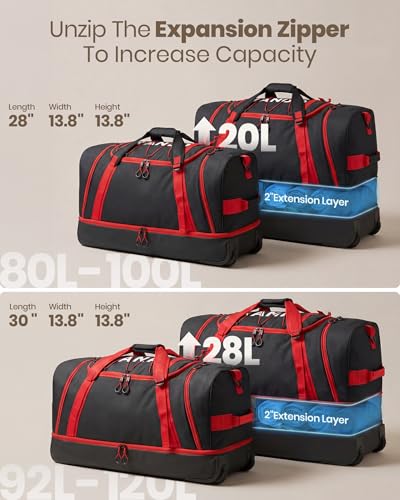 Fanwoli 100L Rolling Duffle Bag with Wheels, Foldable Travel Duffel - color: Red-2