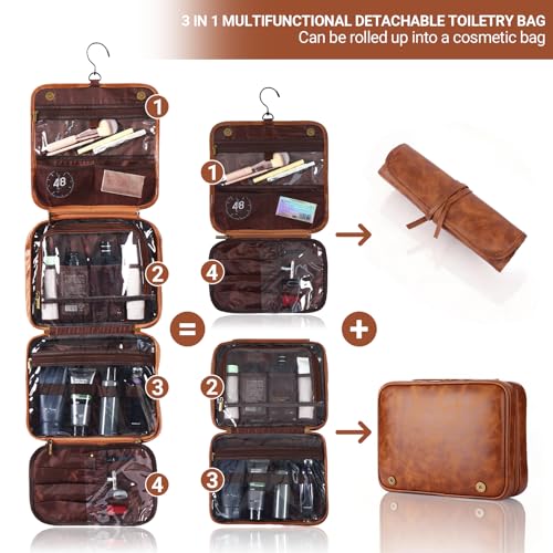 OXYEFEI Personalized Hanging Travel Toiletry Bag Gift for Men,Engraved Initial PU Leather Mens Large Toiletry Travel Essential Organizer Dopp Kit Shaving Bag for Him Birthday (R, Light Brown) - style: R