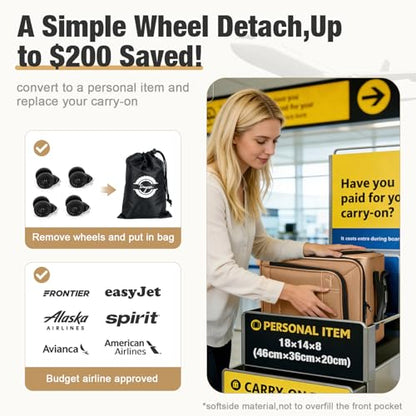 17 Inch Underseat Carry on Luggage with Removable Spinner Wheels - color: Brown, size: 17 inch_Underseat