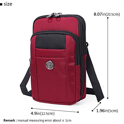 Senient Wolf Waterproof Nylon Multifunctional Phone Crossbody Bag - Small One Shoulder Waist Bag Wallet Travel Passport Holder - color: Red-Black
