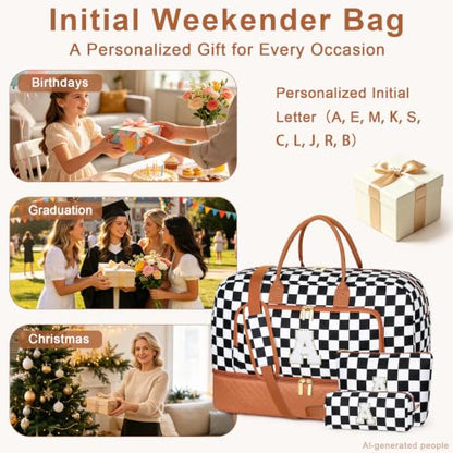 TIBES Gift for Her, Weekender Bag for Women Initial Travel Duffle Bag - color: Black & White Checkerboard, style: E