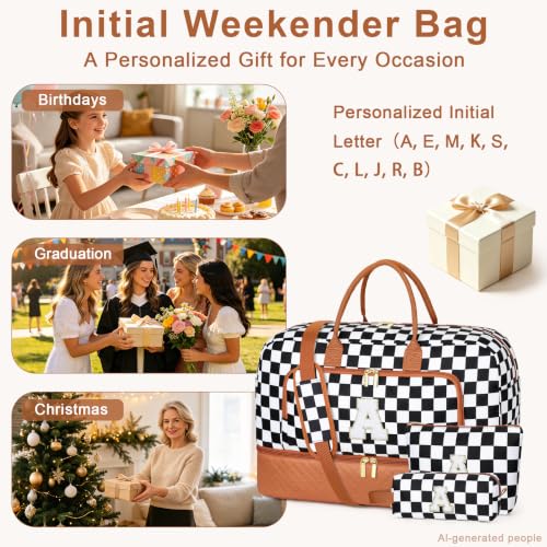 Gifts for Mom, Monogram Weekender Bag for Women Initial Travel Duffle Bag - color: Black & White Checkerboard, style: K