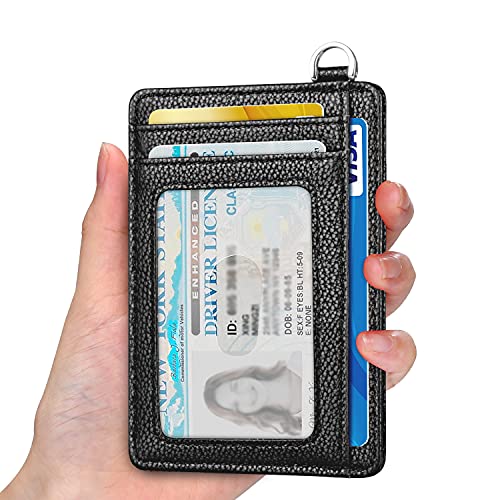 Slim Minimalist Front Pocket Wallet, RFID Blocking Credit Card Holder Wallet with Integrated D-Shackle for Men Women - color: Litchi Black