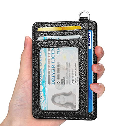 Slim Minimalist Front Pocket Wallet, RFID Blocking Credit Card Holder Wallet with Integrated D-Shackle for Men Women - color: Litchi Black