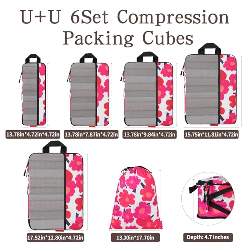 U+U 6 Set Compression Packing Cubes, Travel Organizers (Red Flower) - color: Red Flower, size: 6 Set