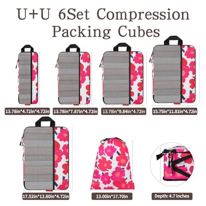U+U 6 Set Compression Packing Cubes, Travel Organizers (Red Flower) - color: Red Flower, size: 6 Set