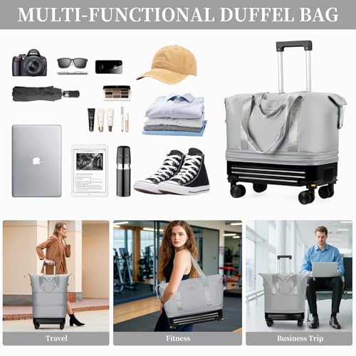 Rolling Duffel Bag with Detachable Wheels & Handle,Expandable Foldable Travel Duffle Bag,Carry on Luggage Large Tote Bag for Gym Overnight Weenkend Trip(Grey) - color: Grey with Handle