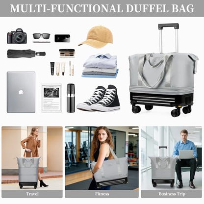 Rolling Duffel Bag with Detachable Wheels & Handle,Expandable Foldable Travel Duffle Bag,Carry on Luggage Large Tote Bag for Gym Overnight Weenkend Trip(Grey) - color: Grey with Handle