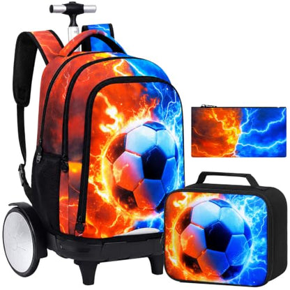 gxtvo Large Wheels & Quiet Glide | Rolling Backpack for Kids - Water-Resistant Wheeled Bag with Lunch Box for School, Travel & Outings - Fire & Lightning Soccer - color: Rolling Backpack Fire Lightning Soccer