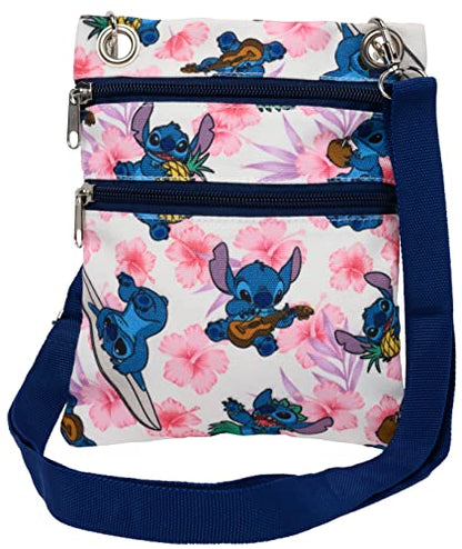 Disney Passport Bag Crossbody Mickey Minnie Eeyore Stitch Cheshire Print - color: Blue Pink