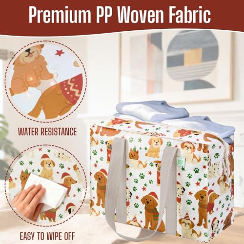 VENO 2 Pack Utility Tote Reusable Grocery Bags with Zipper & Hard Bottom - color: Holiday Pups, size: 2 Pack