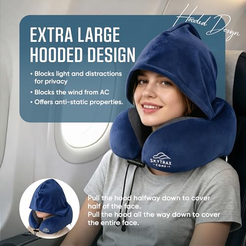SkytraxComf® Travel Neck Pillow with Hood for Privacy on Long Flights - color: Navy Blue