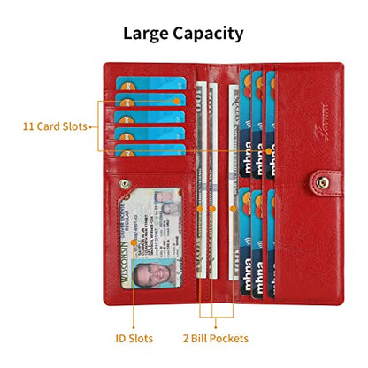 Lavemi Ultra Slim Thin Leather Women Wallet RFID Blocking Credit Card Holder Bifold Long Ladies Billfold - color: 1-waxed Red
