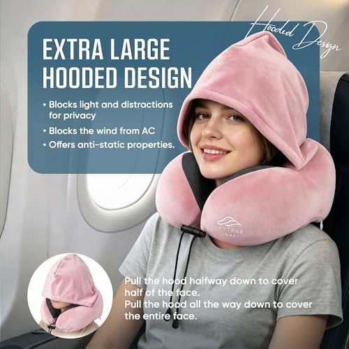 SkytraxComf® Travel Neck Pillow with Hood for Privacy on Long Flights - color: Pink